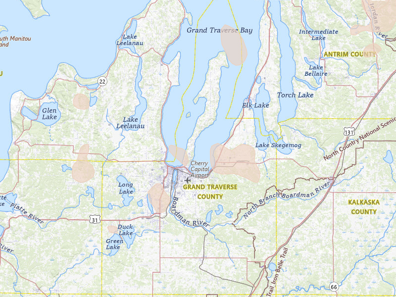 Radar-estimated hail-size map of the storm over Traverse City, MI on Jul 12, 2026