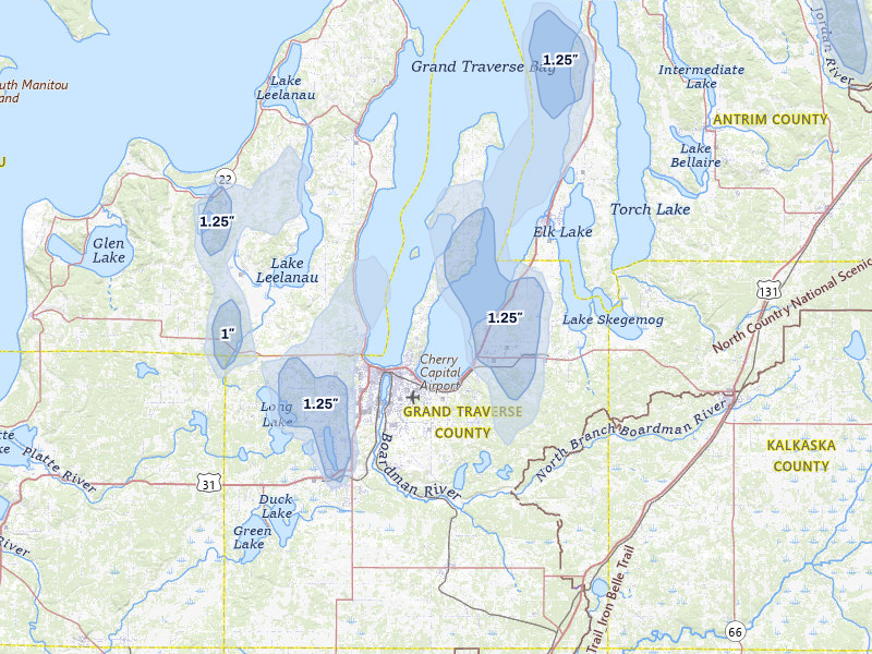 NEXRAD radar-signature map of the hail storm over Traverse City, MI on Jul 12, 2026