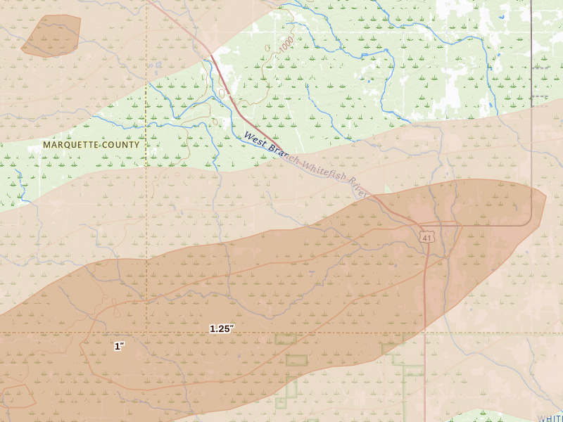 Radar-estimated hail-size map of the storm over Trenary, MI on Jun 30, 2026