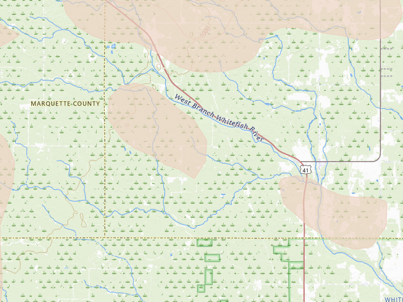 Radar-estimated hail-size map of the storm over Trenary, MI on Jul 12, 2026