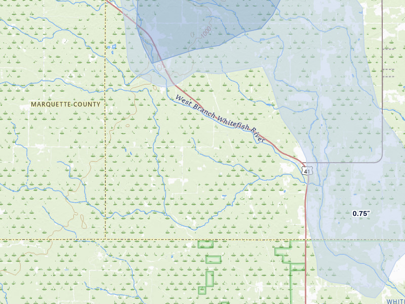 NEXRAD radar-signature map of the hail storm over Trenary, MI on Jul 12, 2026