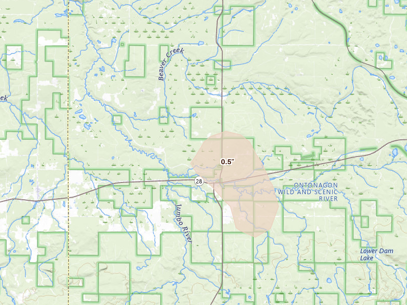 Radar-estimated hail-size map of the storm over Trout Creek, MI on Jul 30, 2026