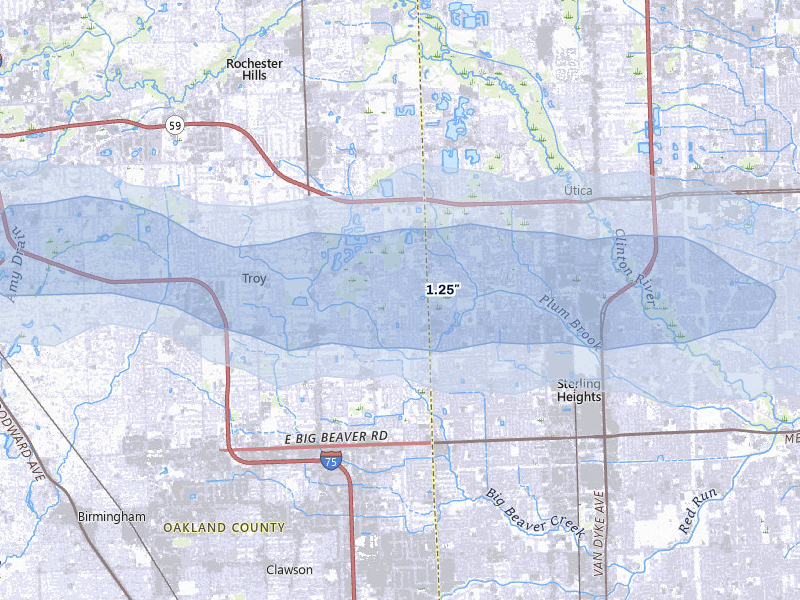 NEXRAD radar-signature map of the hail storm over Troy, MI on May 15, 2026