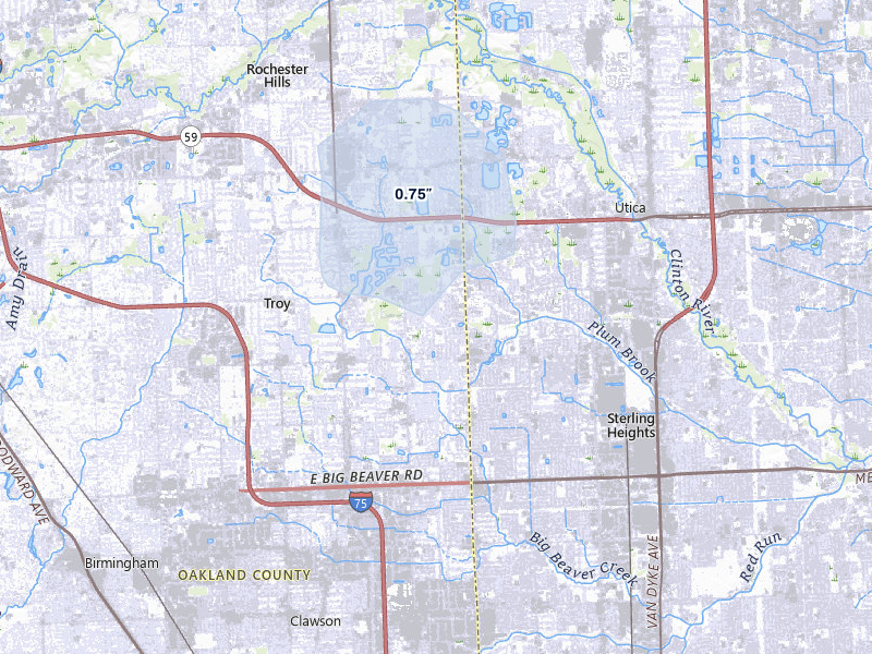 NEXRAD radar-signature map of the hail storm over Troy, MI on May 16, 2026