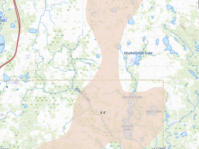 Radar-estimated hail-size map of the storm over Trufant, MI on Jun 16, 2026