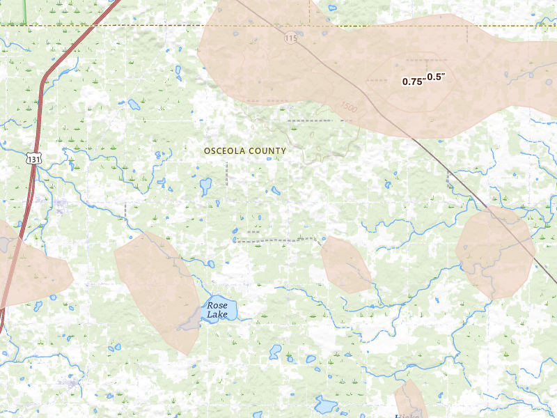 Radar-estimated hail-size map of the storm over Tustin, MI on Mar 30, 2026