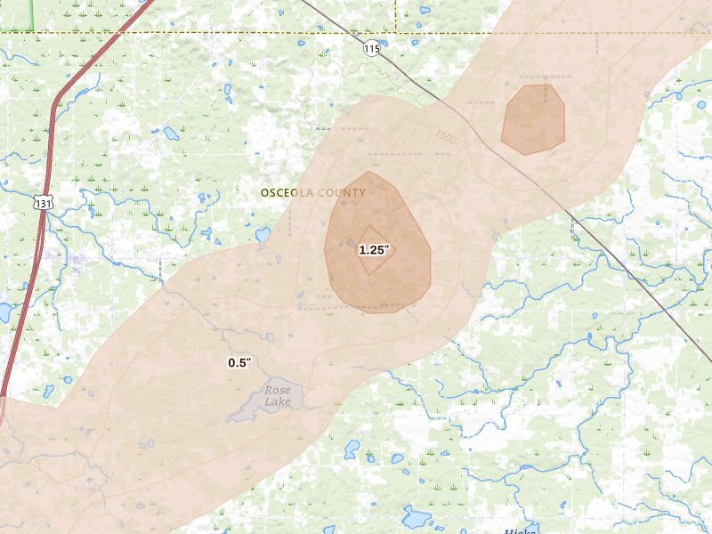 Radar-estimated hail-size map of the storm over Tustin, MI on Apr 13, 2026