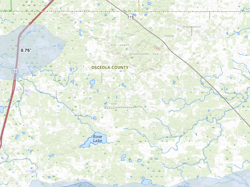 NEXRAD radar-signature map of the hail storm over Tustin, MI on Jul 1, 2026