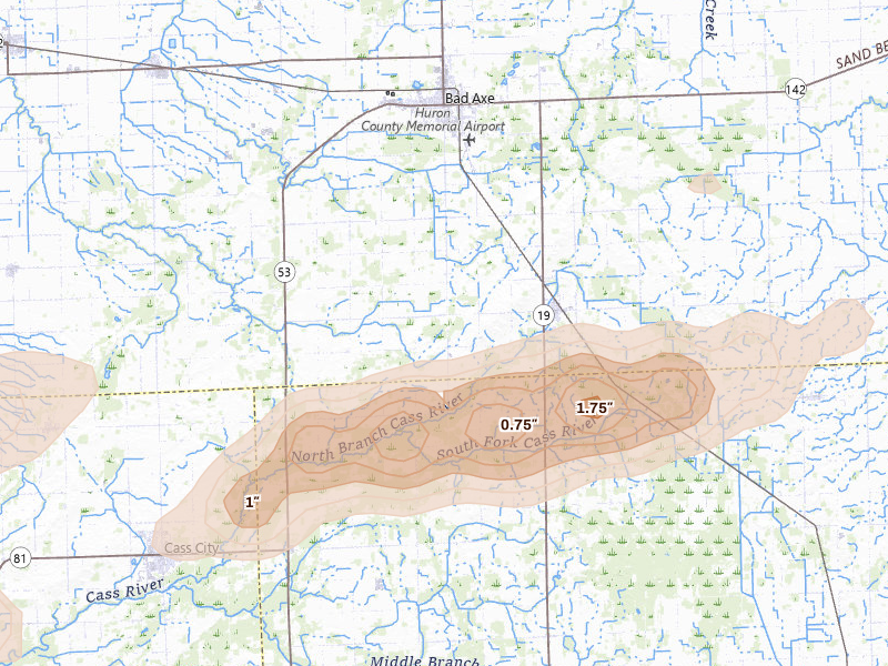 Radar-estimated hail-size map of the storm over Ubly, MI on May 17, 2026