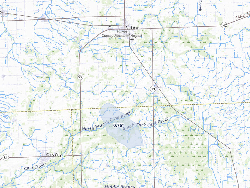 NEXRAD radar-signature map of the hail storm over Ubly, MI on Jul 1, 2026