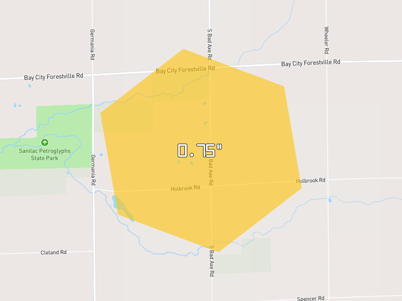 Hail map of Ubly, MI on Jul 1, 2026, hail up to 0.75"