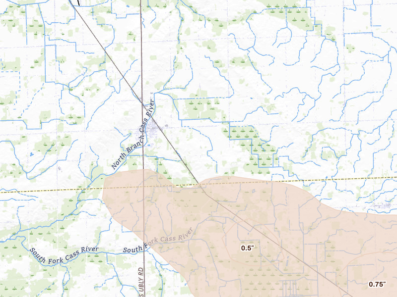 Radar-estimated hail-size map of the storm over Ubly, MI on Sep 2, 2026