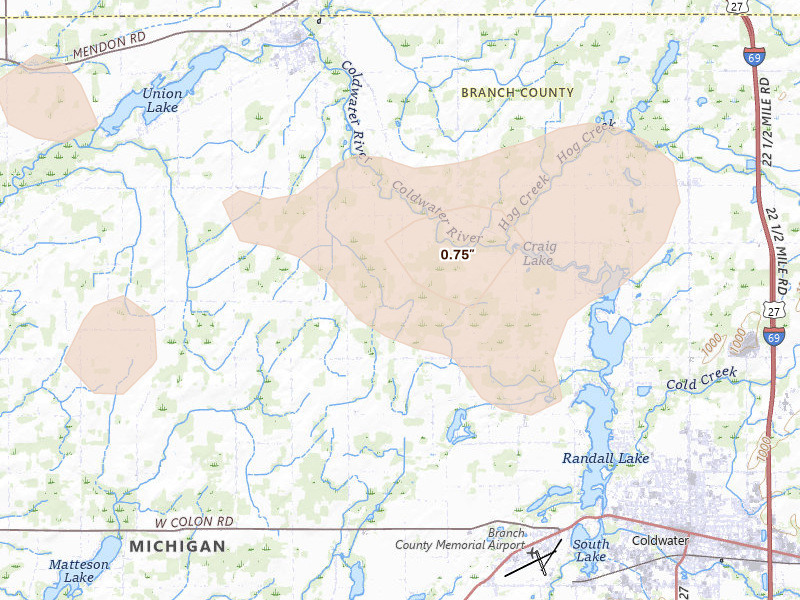 Radar-estimated hail-size map of the storm over Union City, MI on Jul 3, 2026