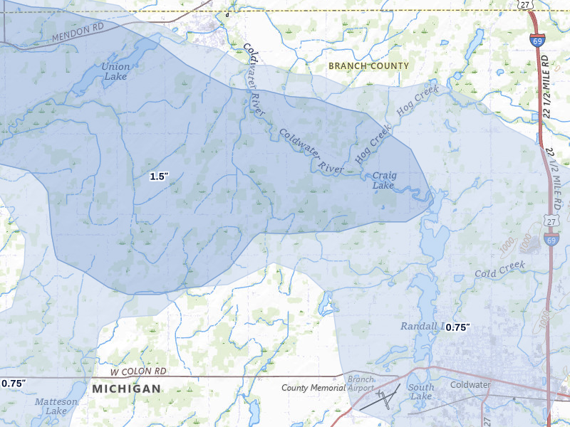 NEXRAD radar-signature map of the hail storm over Union City, MI on Jul 3, 2026