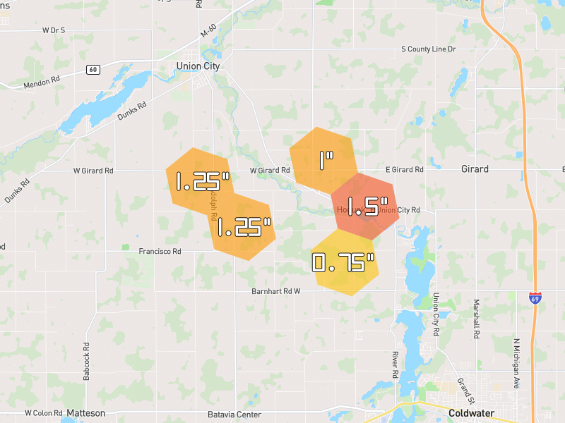 Hail map of Union City, MI on Jul 3, 2026, hail up to 1.5"