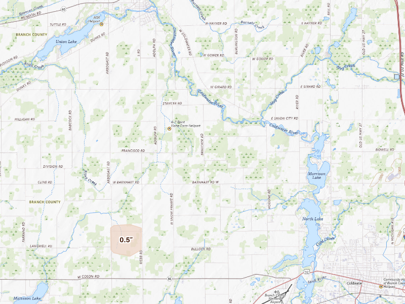 Radar-estimated hail-size map of the storm over Union City, MI