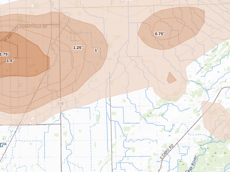 Radar-estimated hail-size map of the storm over Unionville, MI on May 17, 2026
