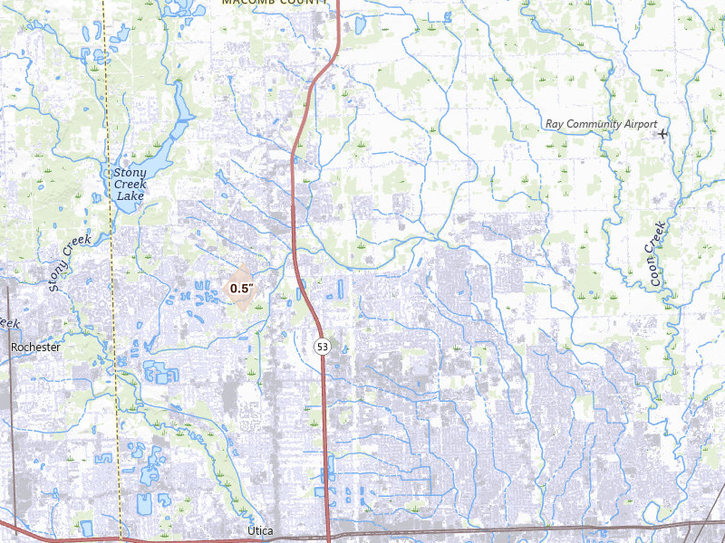 Radar-estimated hail-size map of the storm over Utica, MI on May 18, 2026