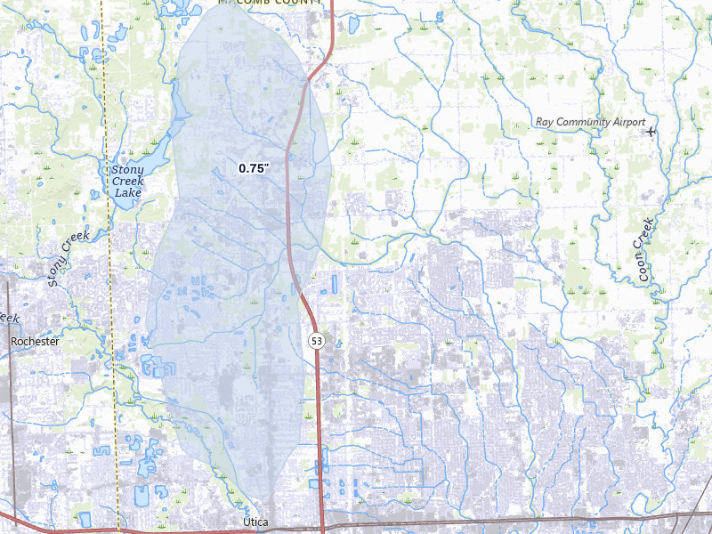 NEXRAD radar-signature map of the hail storm over Utica, MI on May 18, 2026
