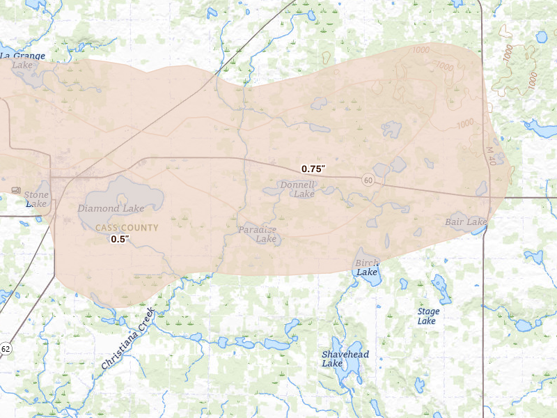 Radar-estimated hail-size map of the storm over Vandalia, MI on Jun 16, 2026