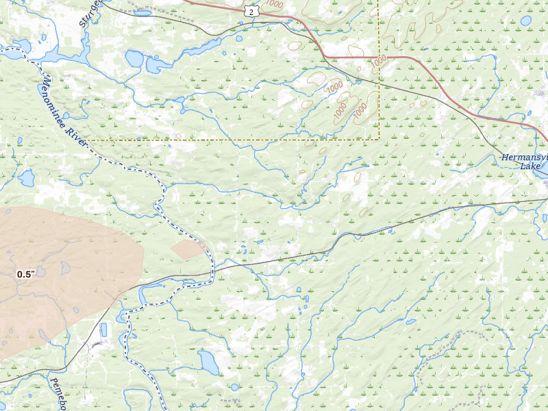 Radar-estimated hail-size map of the storm over Vulcan, MI on Jun 30, 2026