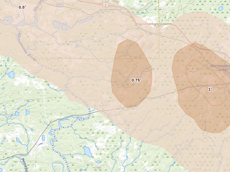 Radar-estimated hail-size map of the storm over Vulcan, MI on Jul 20, 2026