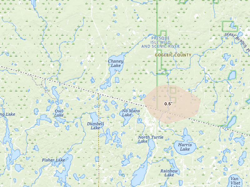 Radar-estimated hail-size map of the storm over Wakefield, MI on Jul 20, 2026
