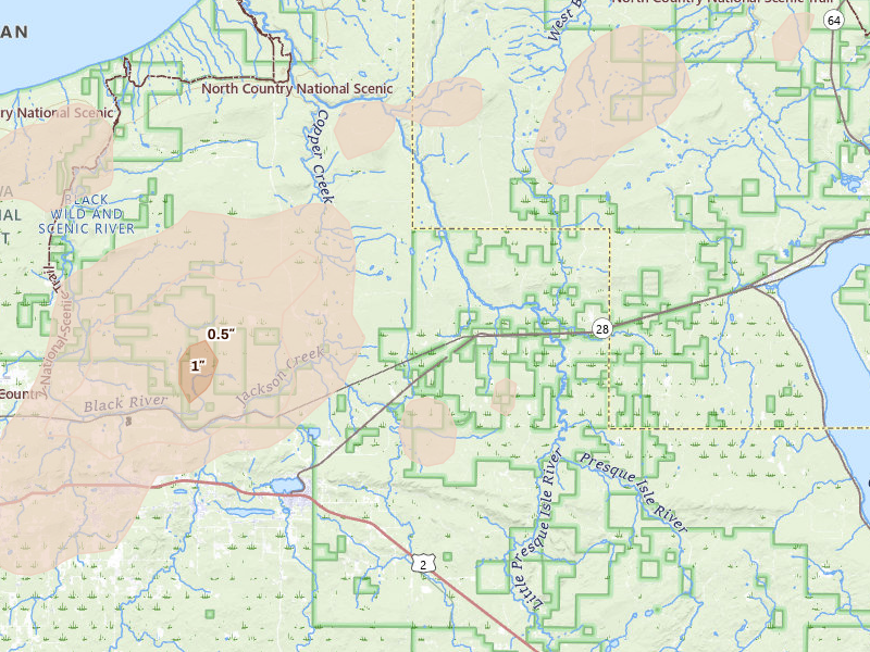 Radar-estimated hail-size map of the storm over Wakefield, MI on Aug 7, 2026