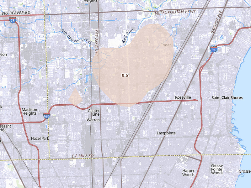Radar-estimated hail-size map of the storm over Warren, MI on Jun 10, 2026