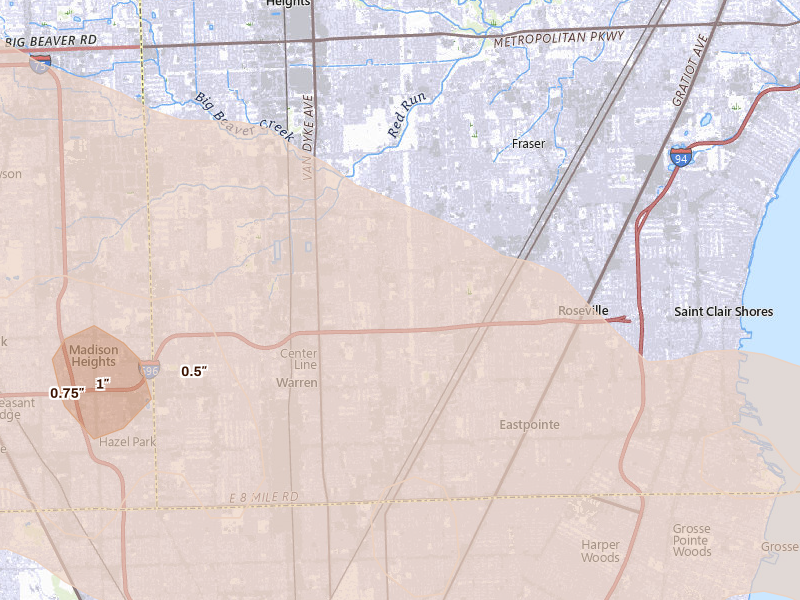 Radar-estimated hail-size map of the storm over Warren, MI on Sep 2, 2026