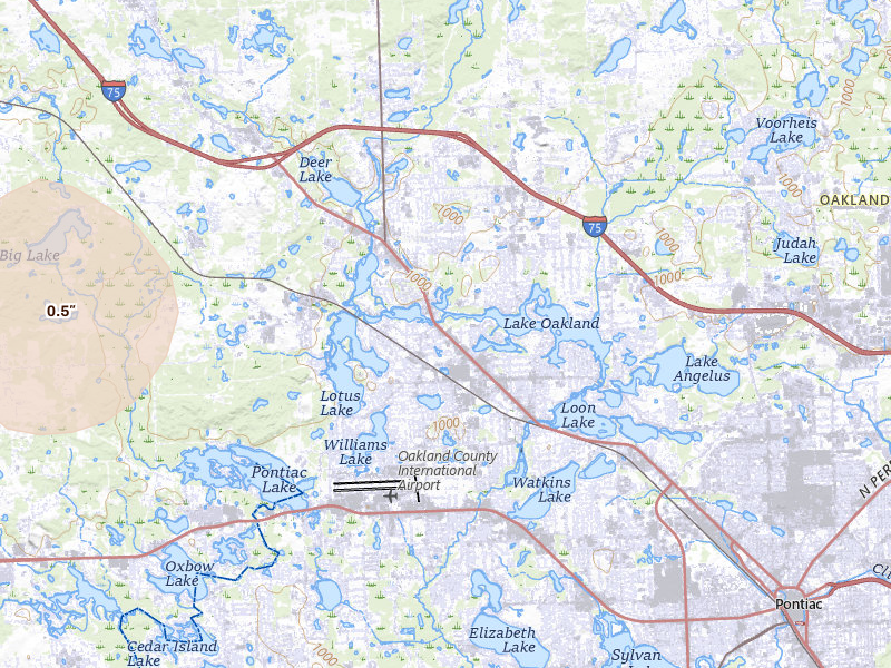 Radar-estimated hail-size map of the storm over Waterford, MI on May 15, 2026