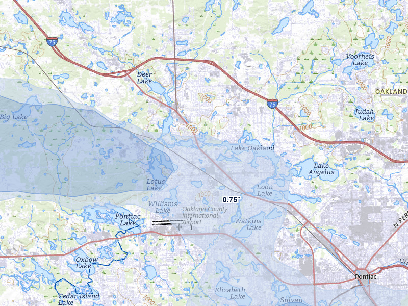 NEXRAD radar-signature map of the hail storm over Waterford, MI on May 15, 2026