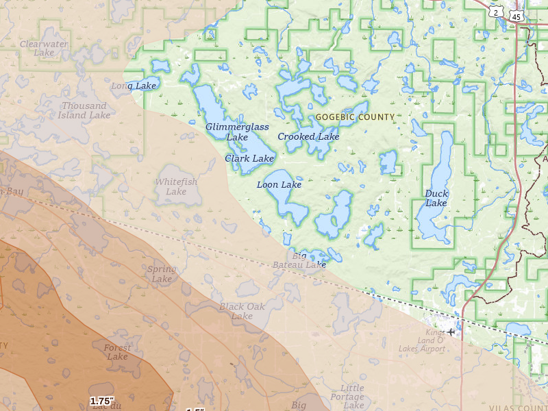 Radar-estimated hail-size map of the storm over Watersmeet, MI on Jul 27, 2026
