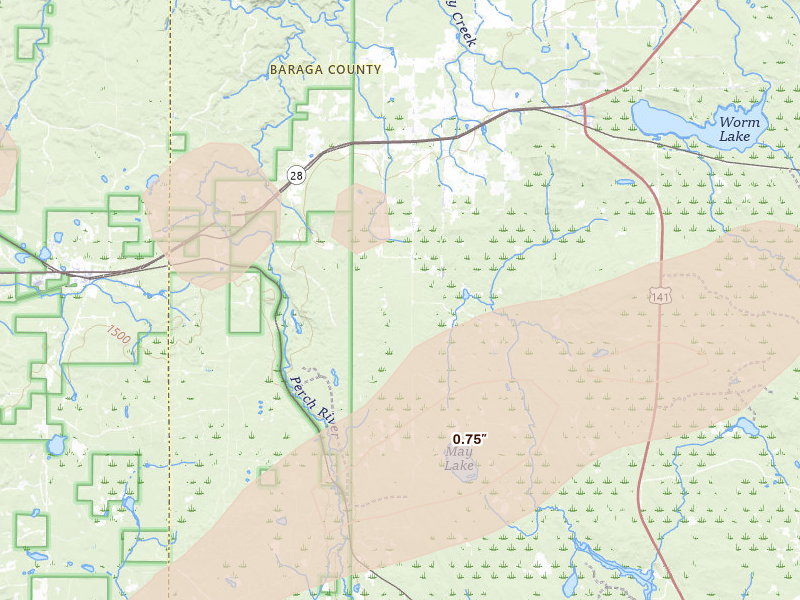 Radar-estimated hail-size map of the storm over Watton, MI on Aug 7, 2026