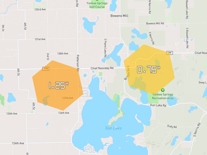 Hail map of Wayland, MI on Jul 3, 2026, hail up to 1.25"