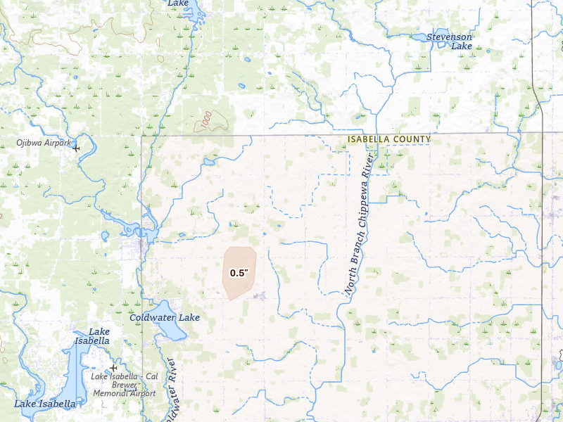Radar-estimated hail-size map of the storm over Weidman, MI on May 27, 2026