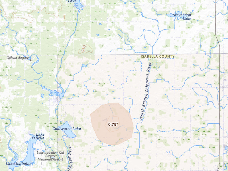 Radar-estimated hail-size map of the storm over Weidman, MI on Aug 12, 2026