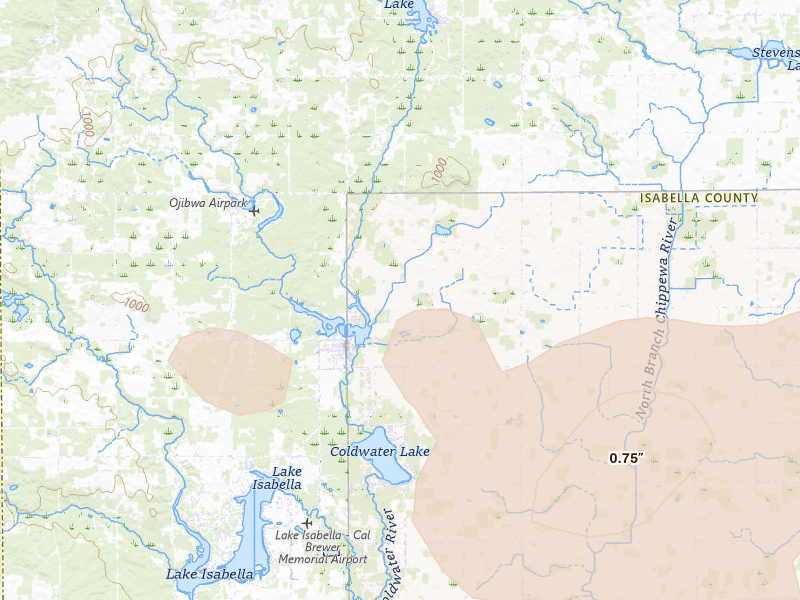 Radar-estimated hail-size map of the storm over Weidman, MI