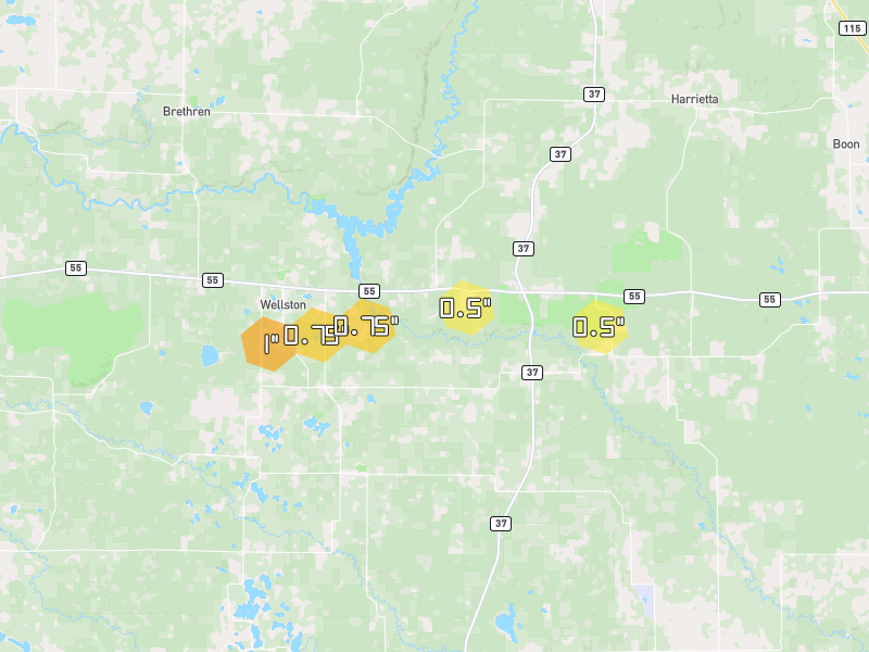 Hail map of Wellston, MI on Jul 1, 2026, hail up to 1"