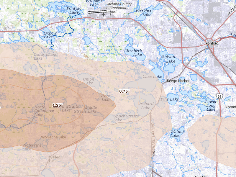 Radar-estimated hail-size map of the storm over West Bloomfield, MI on Sep 2, 2026