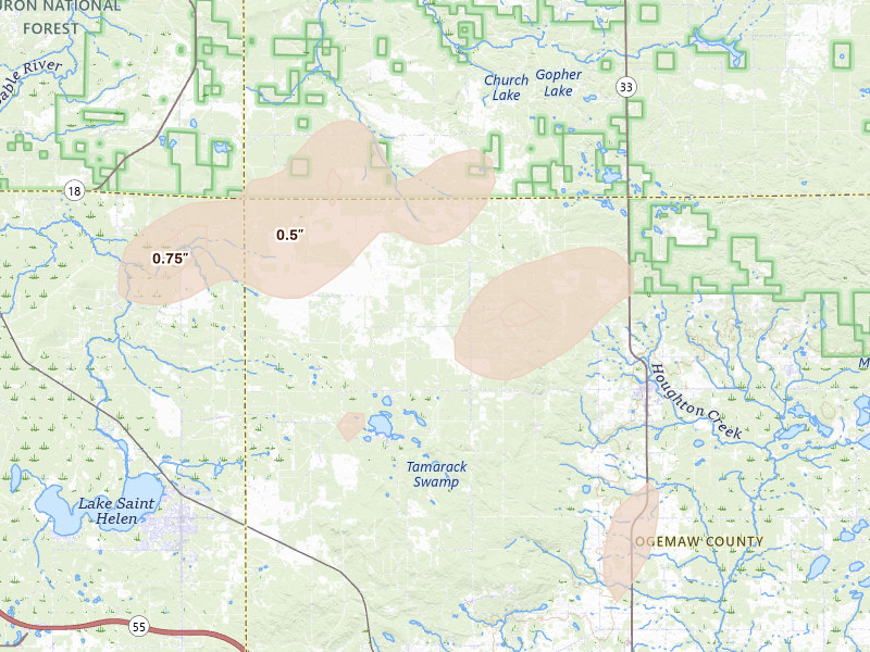 Radar-estimated hail-size map of the storm over West Branch, MI on Jun 16, 2026