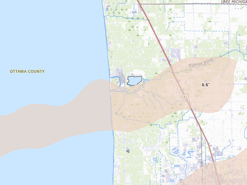 Radar-estimated hail-size map of the storm over West Olive, MI on Mar 10, 2026