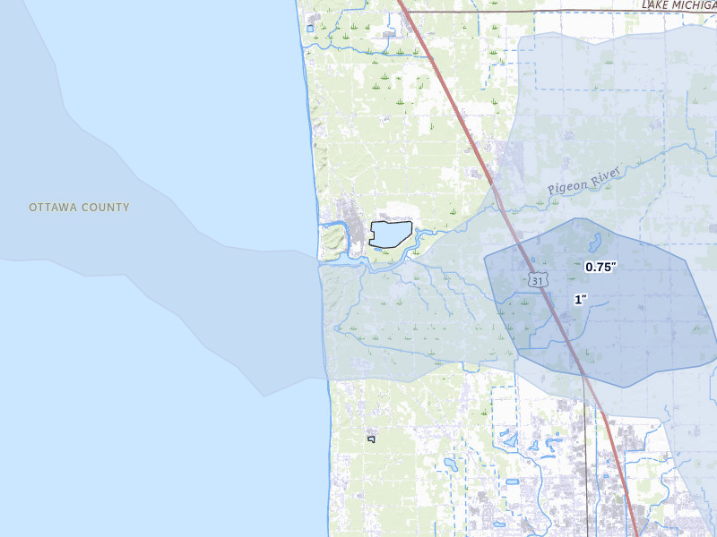 NEXRAD radar-signature map of the hail storm over West Olive, MI on May 15, 2026