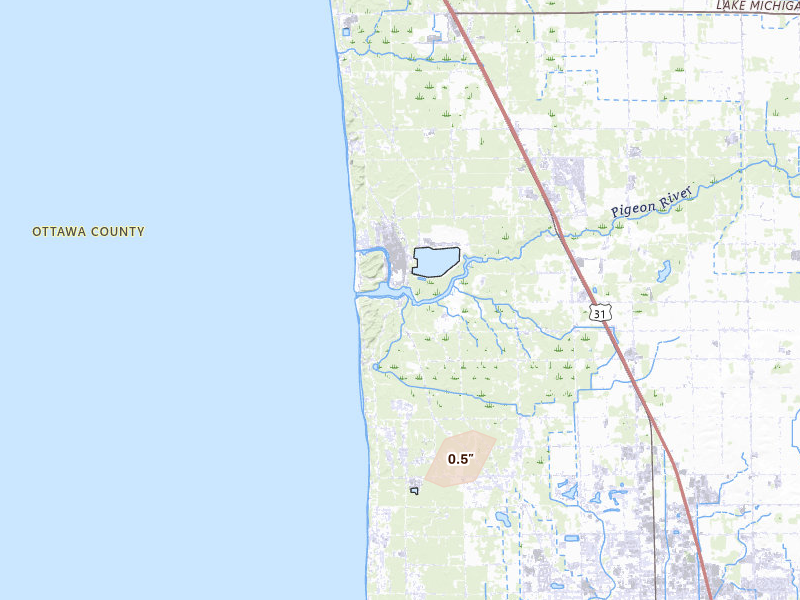 Radar-estimated hail-size map of the storm over West Olive, MI