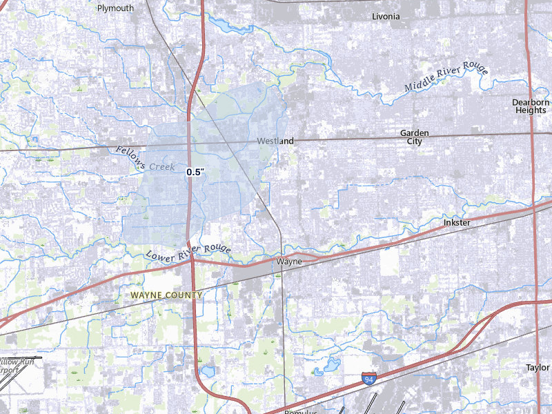 NEXRAD radar-signature map of the hail storm over Westland, MI on May 4, 2026