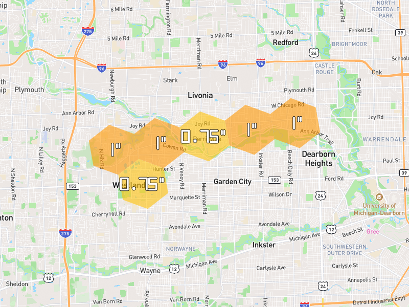 Hail map of Westland, MI on Jul 3, 2026, hail up to 1"