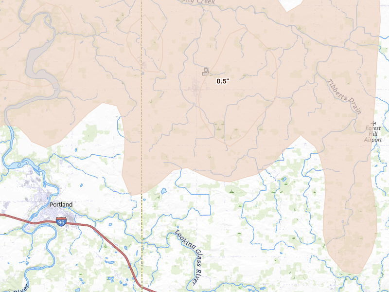 Radar-estimated hail-size map of the storm over Westphalia, MI on May 15, 2026