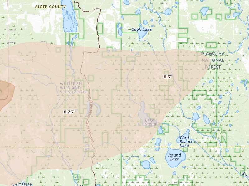 Radar-estimated hail-size map of the storm over Wetmore, MI on Jun 30, 2026