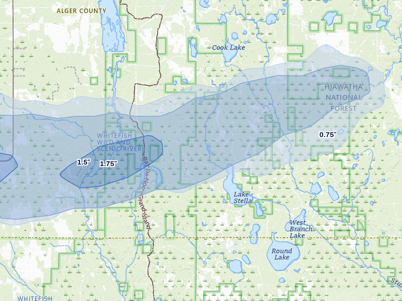NEXRAD radar-signature map of the hail storm over Wetmore, MI on Jun 30, 2026