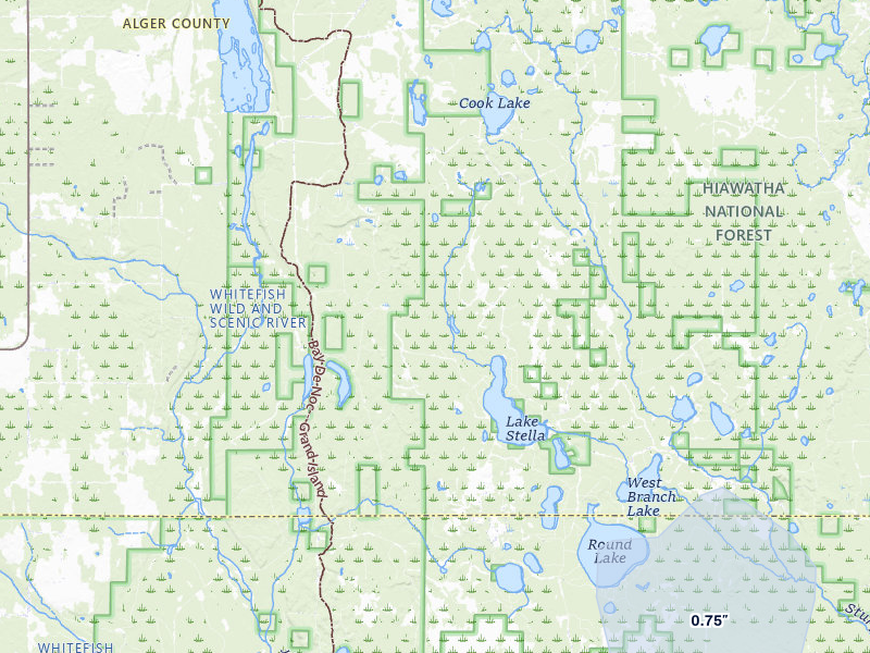 NEXRAD radar-signature map of the hail storm over Wetmore, MI on Jul 3, 2026